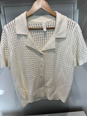 Stylus Crochet Knit Collared Sweater Cream Large NWT